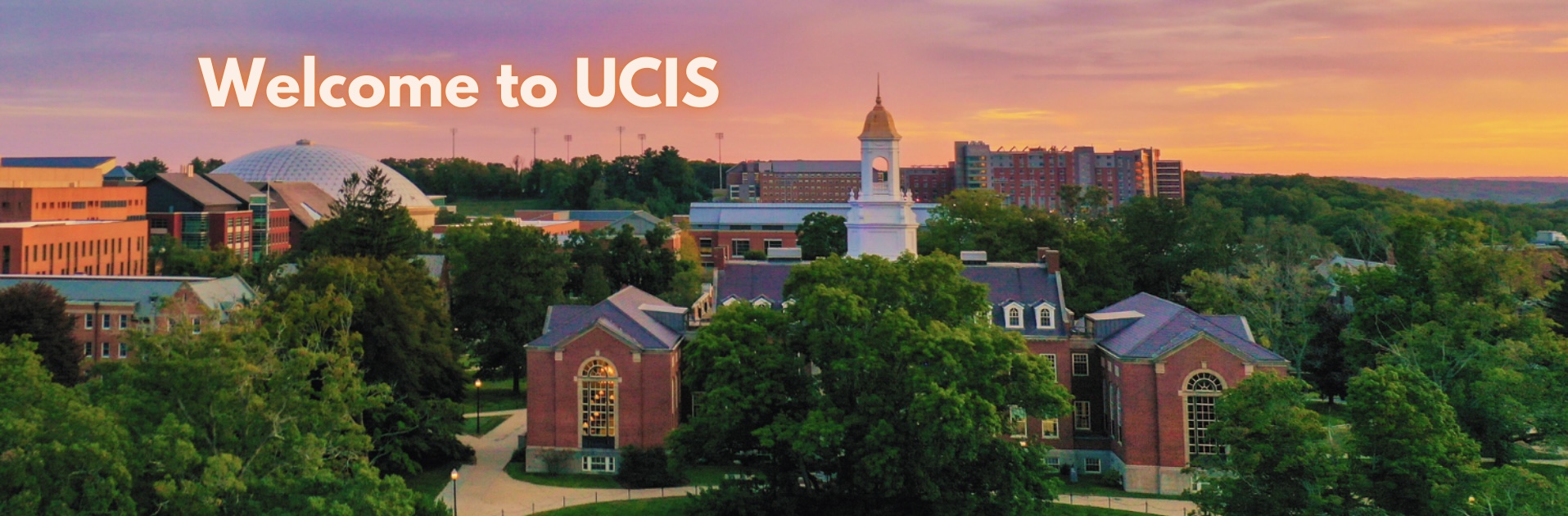[ID: The Wilbur Cross building sits atop a snow covered hill: a dark red brick building with cement pillars and many windows. Atop the building sits a white cupola with a gold dome. The words "Welcome to UCIS" are displayed across the baren oak tree that sits to the right of the building.]
